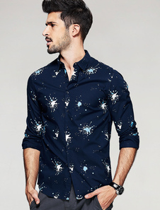 Coton chemise manches longues Floral Print Turndown hommes Collar chemise Casual bleu profond