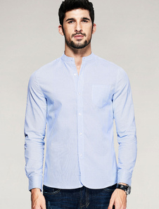Chemise en coton bleu hommes chemise manches longues bouton avant