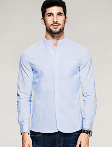 Chemise en coton bleu hommes chemise manches longues bouton avant
