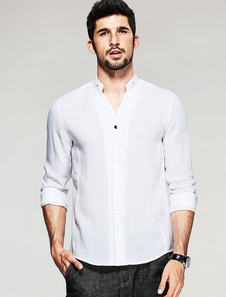 Chemise blanche manches longues Stand col hommes chemise décontractée avec des boutons de mise en fo