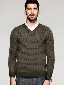 Pullover chandail manches longues hommes rayé maille col V