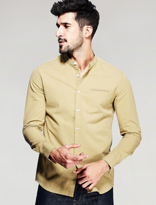 Chemise jaune coton bouton Stand collier occasionnels haut à manches longues hommes
