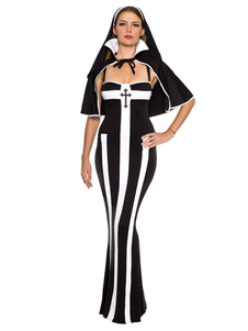 Nun Halloween Costume Spaghetti féminin rayé longue robe avec Cape & Hat