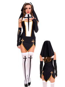 Coupe noir Sexy Nun Halloween Costume féminin robe avec chapeau & gants