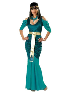 Halloween Costume grec sombre bleu ouvert épaule Ruffle robe longue sirène avec harnais