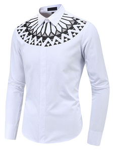 Long Sleeve Shirt homme blanc réparties col bouton avant imprimé chemise Casual