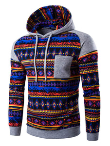 Imprimés Long Hoodie manches coton capuche pour hommes avec poche