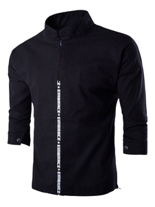 Stand chemise Casual col à capuche Half Sleeve coton noir chemise masculine