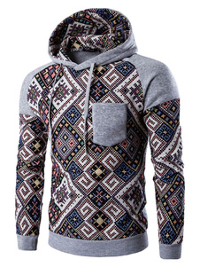 Manches longues coton Tribal capuche imprimé Pullover Hoodie hommes avec poche