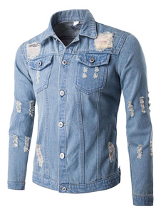 Homme déchiré veste bouton bleu deux Pocket col Turndown Denim Jacket