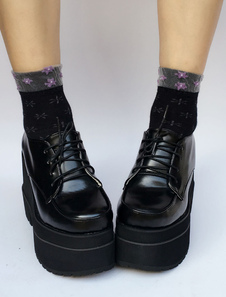 Lolita plate-forme chaussures carré noir à talon Chunky Toe Lace Up Lolita pompes