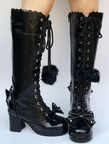 Sweet Lolita bottes noir genou haut talon Chunky lacets plate-forme Bow coeur Lolita bottes montante
