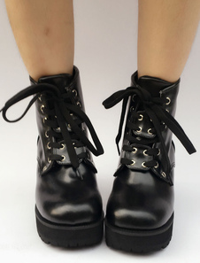 Lolita noir bottes talon Chunky plate-forme ronde Toe Lace Up bottes courtes Lolita