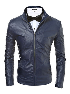 Veste courte manches longues marine foncé hommes Stand col PU veste Moto