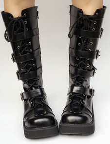 Bottes Noir Lolita Wedge plate-forme ronde Toe Buckle Lace Up bottes courtes Lolita