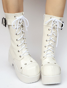 Lolita blanc bottes plateforme Chunky Heel Lace Up boucle ronde Toe Lolita de fermeture à glissière 