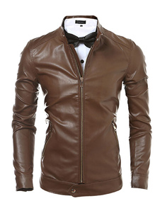 Brun manches longues Stand collier pour hommes veste courte fermeture-éclair avant PU Outwear