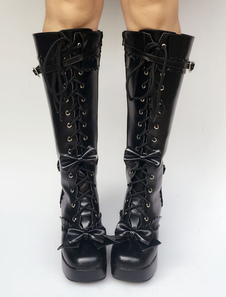 Lolita noir bottes au genou haut talon Chunky Lace Up bottes haute plate-forme boucle Lolita avec Bo