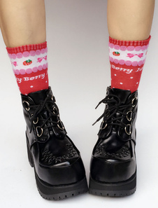 Lolita noir bottes plateforme talon Chunky Diamond Point Toe lacez vers le haut de Lolita bottes cou