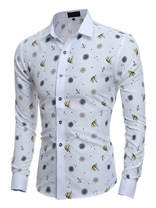 Chemise blanche hommes imprimée Stand collier bouton coton manches longues