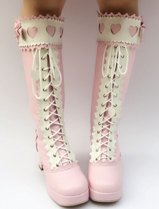 Bottes Lolita Sweet Pink genou haut plateforme Chunky Heel Lace Up bottes Bow Lolita avec découpe co