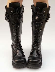 Lolita noir bottes plateforme Chunky Heel Lace Up Croix avant boucle ronde Toe Lolita bottes courtes