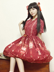 Han Lolita Robe OP chinois Palais lanterne rouge imprimé Bow manches courtes soie One Piece robe