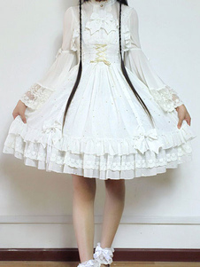 Robe Lolita douce JSK Fly Me à l’étoile polaire blanc en mousseline de soie Bow volantée dentelle Lo