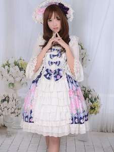 Robe à bretelles lolita séduisante en lin de coton impression avec noeud à bretelles Robe sans manch