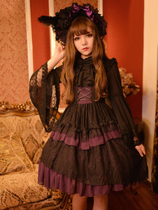 Chapitre sept lacets en mousseline de soie Gothic Lolita Robe JSK du crépuscule froissée bicolore Lo