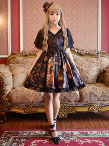 Gothic Lolita Robe OP la fille ramasser des fleurs imprimée Bow soie papillon Lolita manches One Pie
