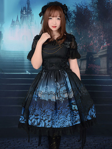 Gothic Lolita Robe JSK papillon dans les cimetières imprimée en mousseline de soie lacer Ruffle Loli