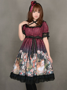 Robe à bretelles lolita éblouissante en soie impression avec dentelle col carré Robe