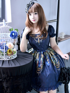 Robe à bretelles lolita charmante en lin de coton impression avec noeud col carré Robe