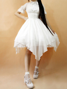 Gothic Lolita Robe JSK l’aube blanc dentelle mousseline de soie Bow Haltered Lace Up Lolita irréguli