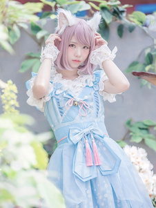 Robe à bretelles lolita séduisante en lin de coton impression avec noeud Robe sans manches