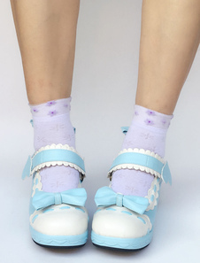 Chaussures de lolita parfaites bleu clair en patchwork à talons compensés