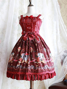 Robe à bretelles lolita charmante en coton mélangé impression à volants Robe sans manches