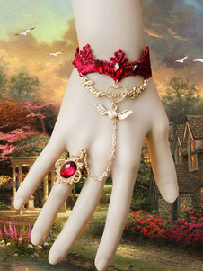 Gothic Lolita Bracelet dentelle rouge Jeweled des détails en métal Lolita accessoires avec anneau