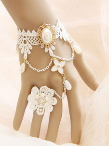 Lolita blanc Bracelet Dentelle Jeweled fleur chaîne Lolita accessoires avec anneau