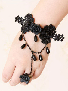 Fleur en dentelle noir Gothique Lolita Bracelet Perles accessoires Lolita avec anneau