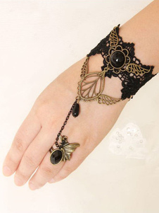 Gothic Lolita Bracelet dentelle noire Jeweled des détails en métal Lolita accessoires avec anneau