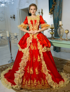 Costume rétro rouge Baroque tirette brodée tunique chapelle Train robe boule robe