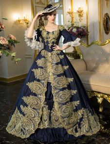 Costume rétro bleu Rococo Bell brodé manches lacets Renaissance robe tunique