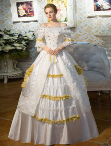 Blanc Retro Costumes manches évasées au large de l’épaule victorienne Vintage robe Maxi