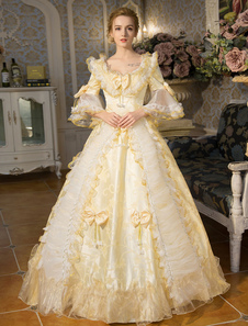 Blanc Retro Costumes Rococo Lace manches longues évasées tunique boule robe Lolita Robe ornées de bo