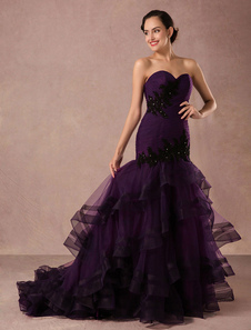 Robe fascinante de soirée sirène Tissu de satin Prune avec perles bustier Avec traîne