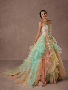 Robe A-ligne en voile de tulle rose clair avec fleur bustier