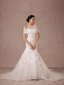 Robe de mariée sirène en dentelle perles Train Chaple avec l’enveloppe de l’Organza détachable et Ap