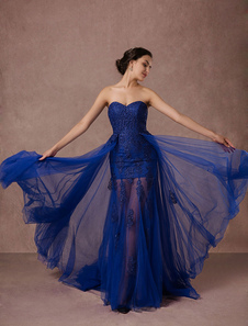 Robe énigmatique de soirée sirène en dentelle bleu royal avec perles bustier Avec traîne
